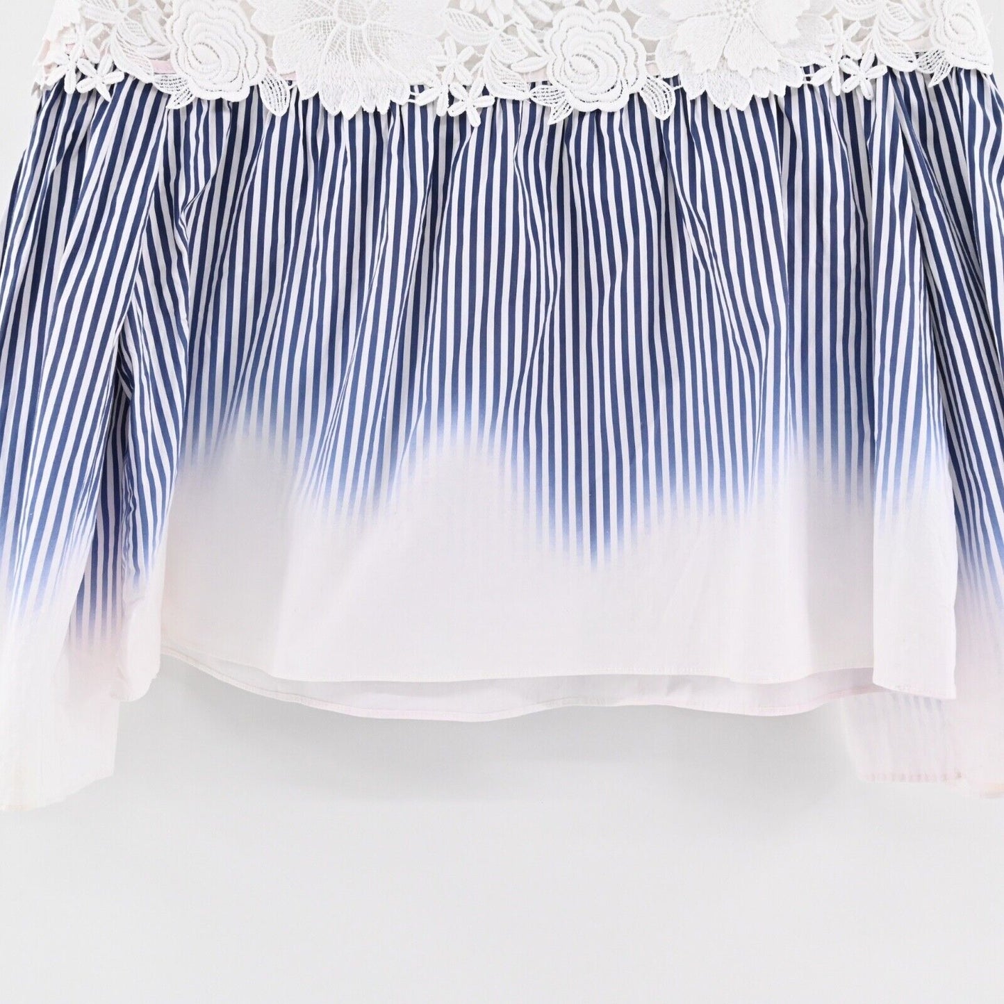 MILLY Top Womens Sz 10 Blue Stripe Lace Cotton Off The Shoulder Bell Sleeve USA