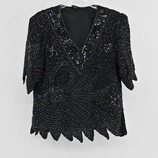 Vtg Beaded Top Womens Sz L Black Oil Slick Sequin Silk Half Sleeve 80s MARK JOHN