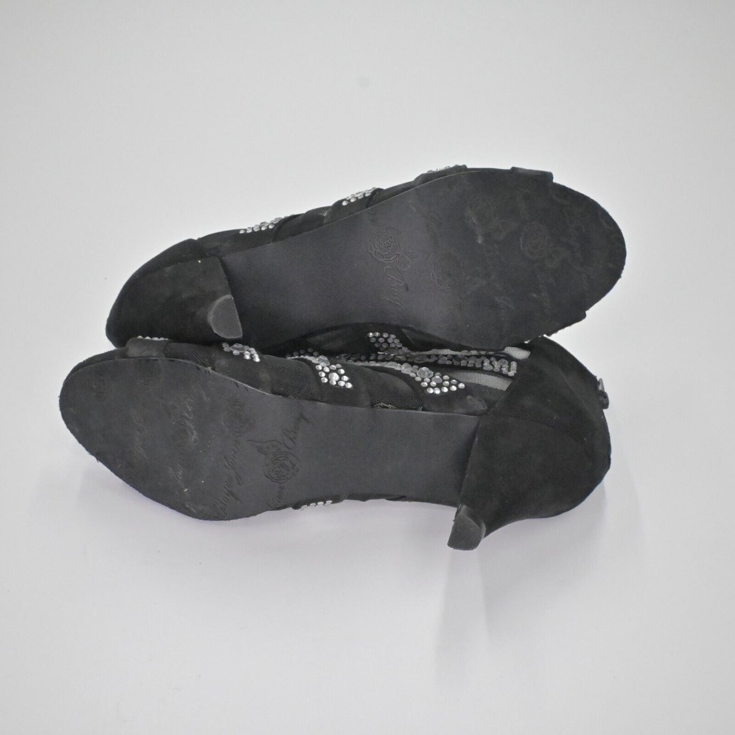 Vtg JOAN BOYCE Heels Womens Sz 7.5 Black Faux Suede Mesh Rhinestone Peep Toe Y2K