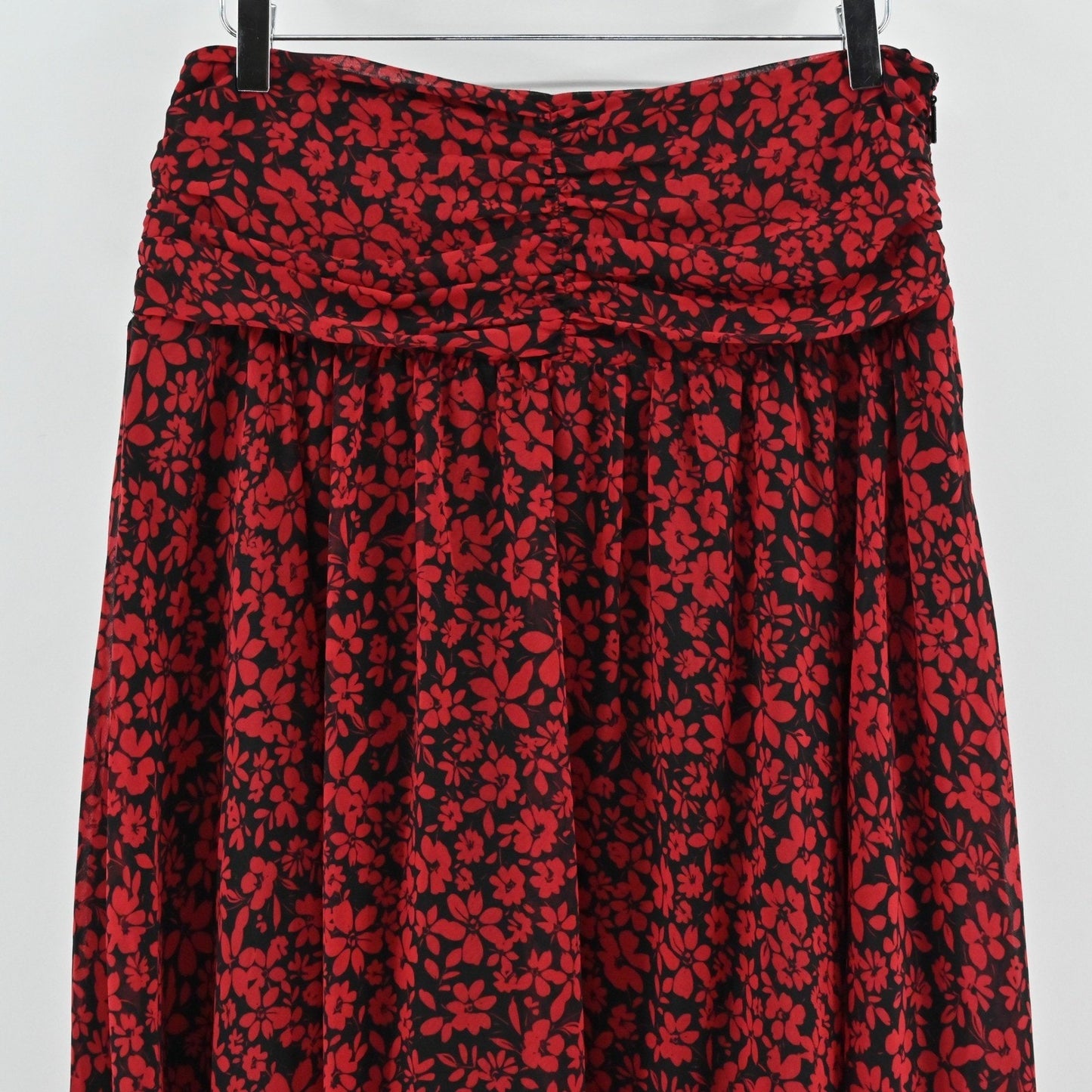 Karl Lagerfeld Ruched Floral Midi Skirt Size 8 Chiffon Ruffle Handkerchief Hem