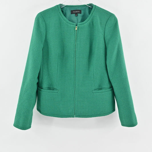 TALBOTS Blazer Womens Size 8 Emerald Green Tweed Zip Front Long Sleeve Jacket