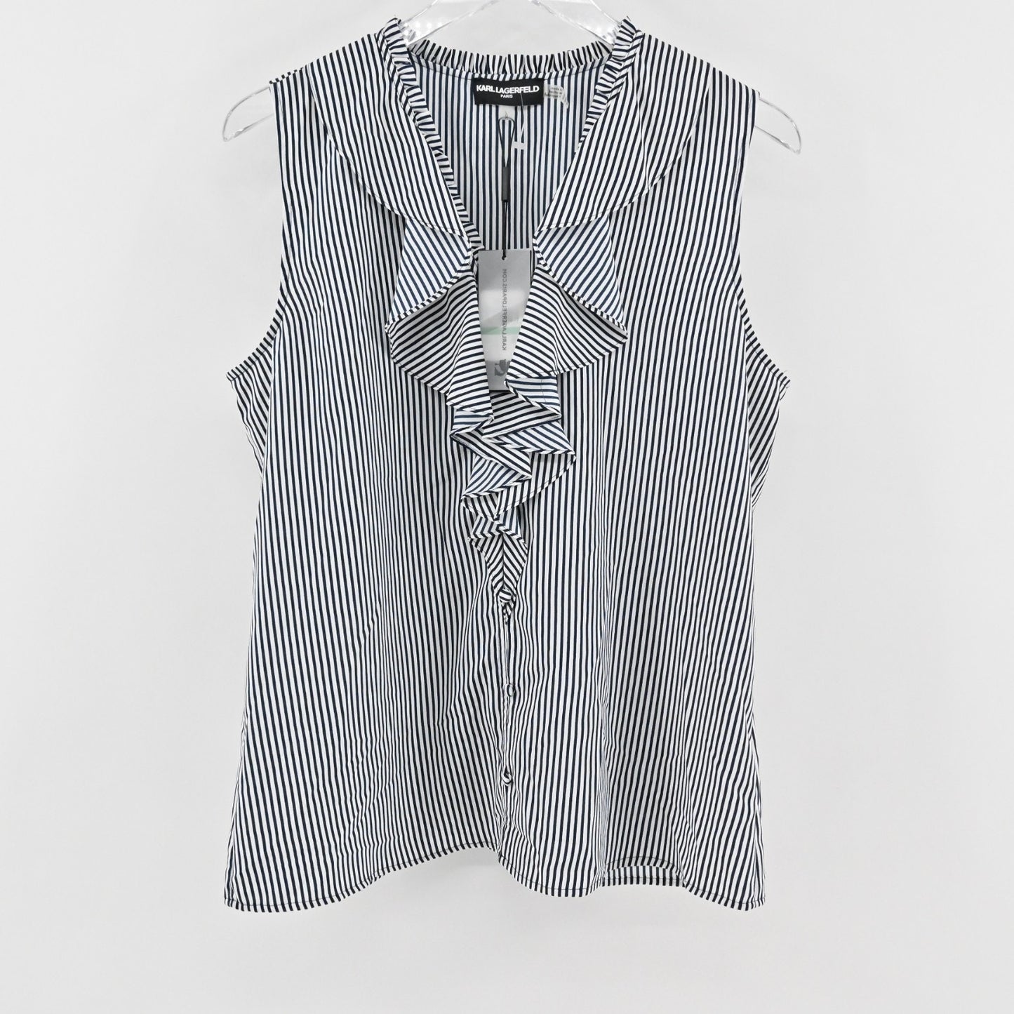 Karl Lagerfeld Womens Yagavi Ruffle Front Top Sz L Striped Sleeveless Blouse NEW