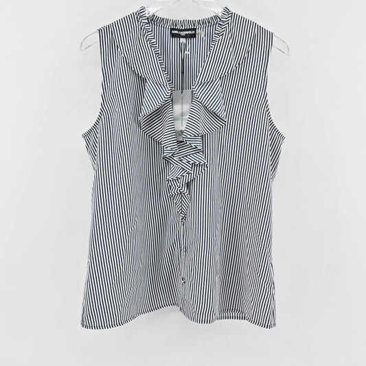 Karl Lagerfeld Womens Yagavi Ruffle Front Top Sz L Striped Sleeveless Blouse NEW