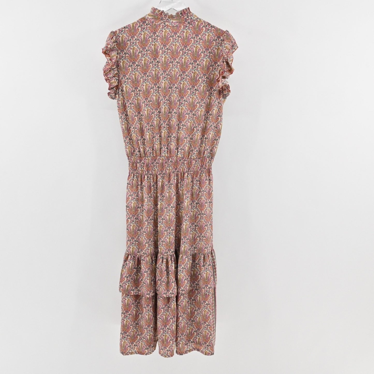 PERRY WALKER COLLECTIVE Cornelia Midi Dress Sz L Beige Paisley Silk Peasant Boho