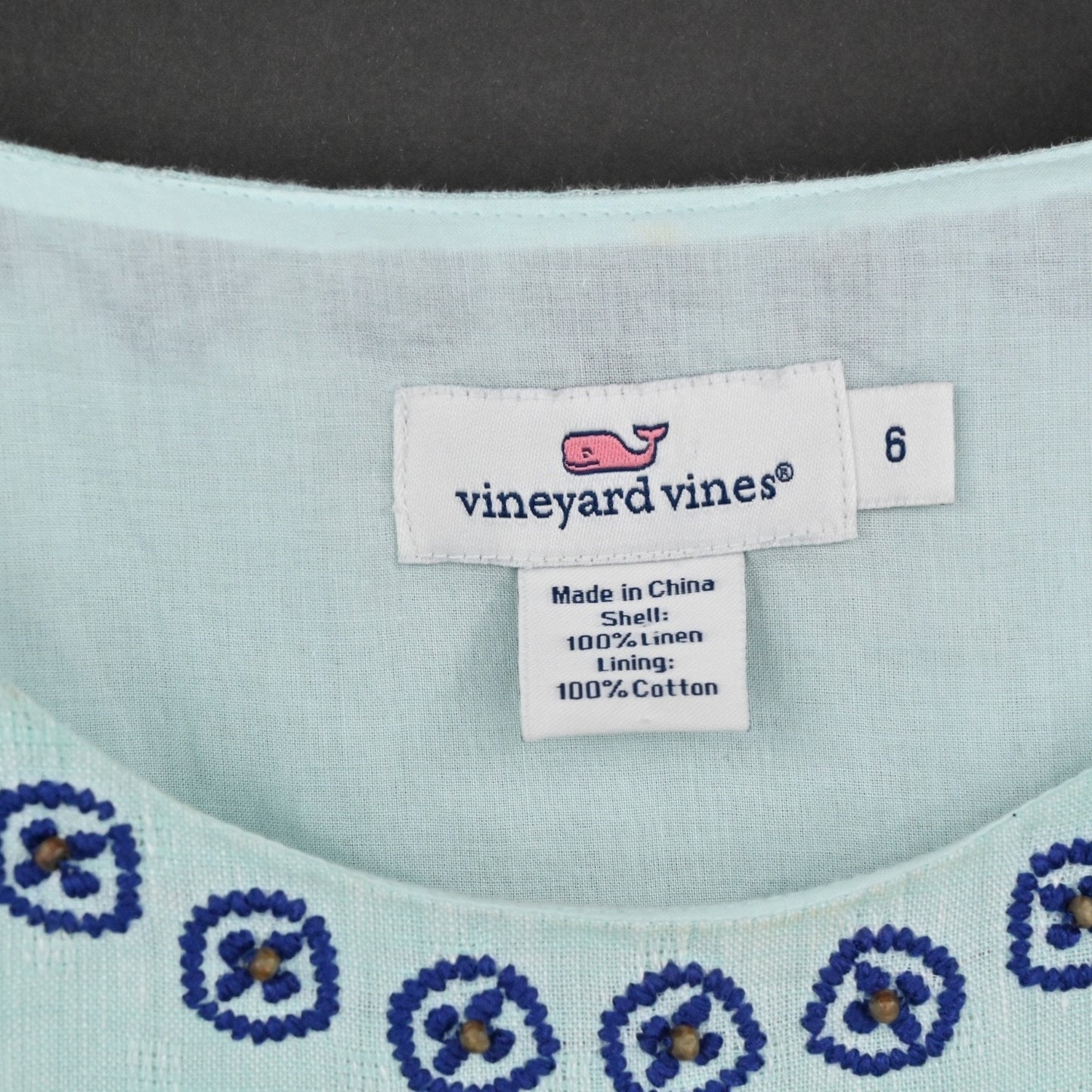 VINEYARD VINES Embroidered Beaded Shift Dress Sz 6 Blue Linen Cotton Sleeveless