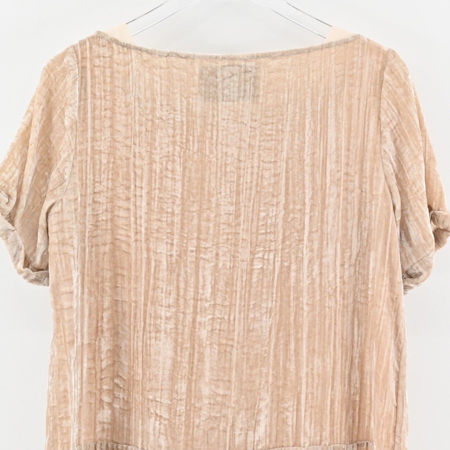 ANTHROPOLOGIE Dress Sz S Beige Crushed Velvet Short Sleeve Pocket Shift FLOREAT