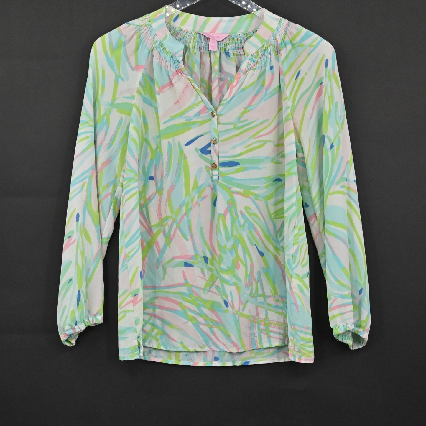 Lilly Pulitzer Womens Silk Elsa Top Size XS Blouse Skye Blue Salute Print Preppy