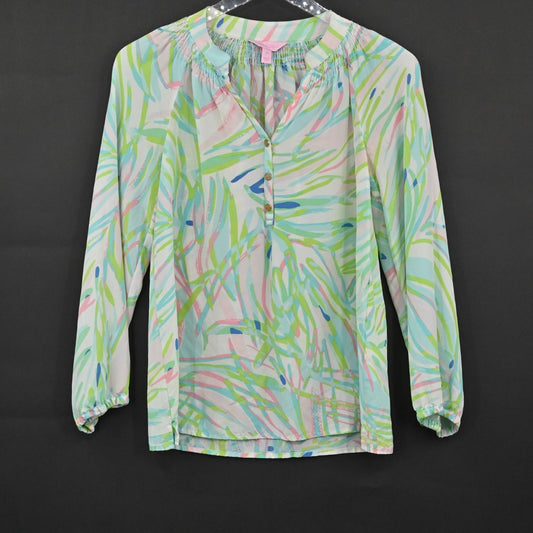 Lilly Pulitzer Womens Silk Elsa Top Size XS Blouse Skye Blue Salute Print Preppy