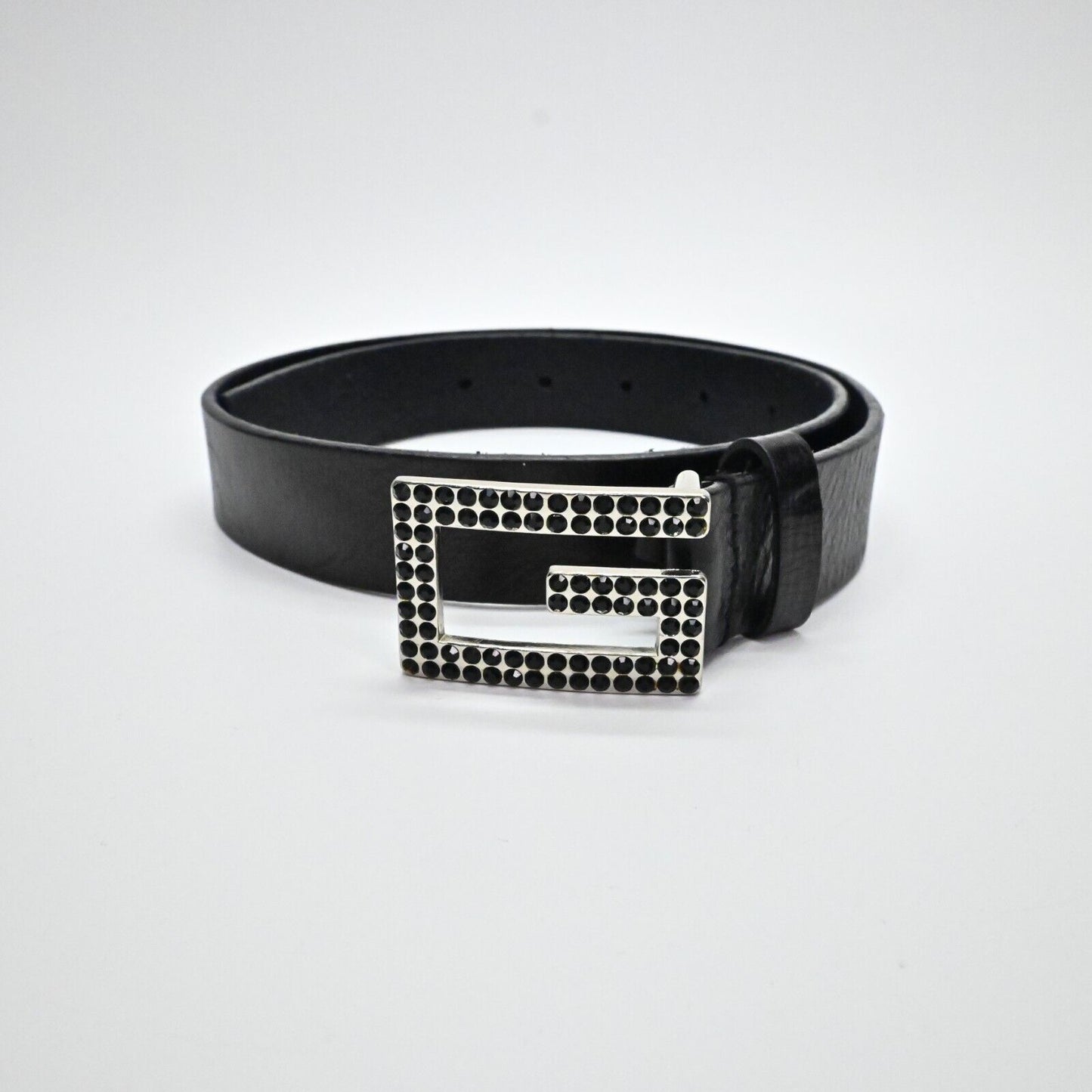 Vintage GUESS Brand Womens Belt Black Genuine Leather Stones Bling G Logo Small