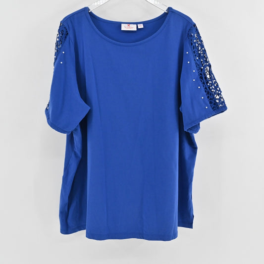 Quacker Factory Womens Lace Sleeve Knit Royal Blue Top Size 3X Faux Pearl Detail