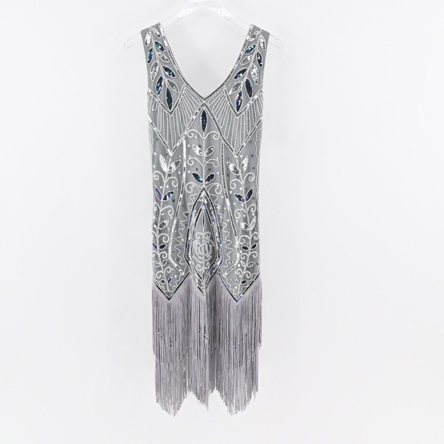 METME Dress Size S Gray Sequin Beaded V Neck Sleeveless Fringe Flapper 1920s NEW
