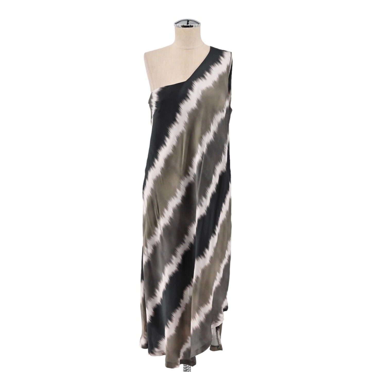 LOTUS EATERS Dress Womens Sz M Brown Gray Tie Dye Stripe One Shoulder Midi Boho