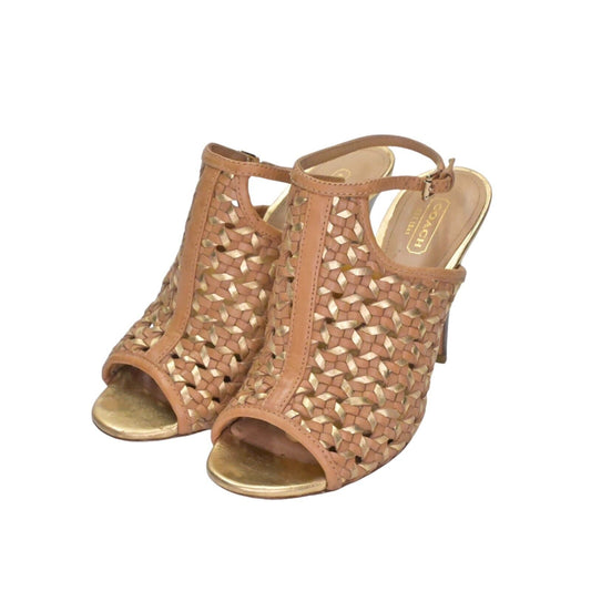 COACH Heels Womens Size 7 Shoe Leela Woven Leather Open Toe Ankle Strap Gold Tan