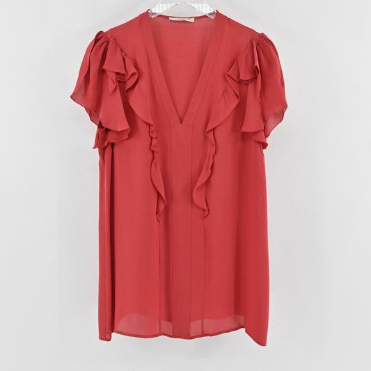 ETRO Womens Red Chiffon Ruffle VNeck Top Size 46 Casual Preppy Blouse Italy