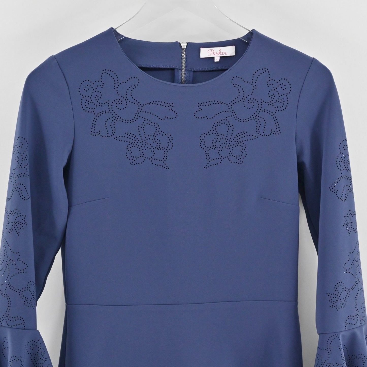 Parker Orlando Blue Dress Size 4 Perforated Detail Bell Sleeve ALine Mini