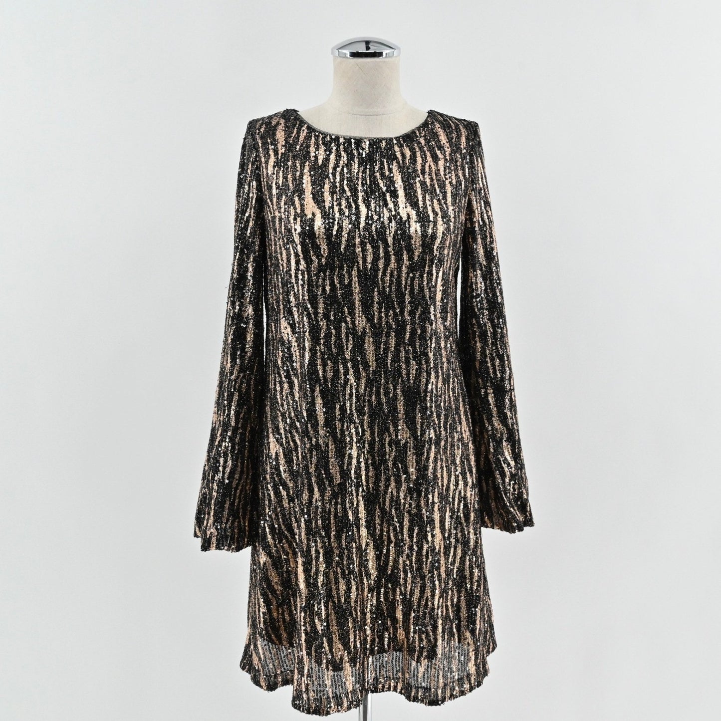 Betsy Adam Sequin Dress Size 8P Black Gold Bell Sleeve Mod Twee Retro Cocktail