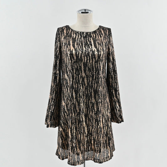 Betsy Adam Sequin Dress Size 8P Black Gold Bell Sleeve Mod Twee Retro Cocktail
