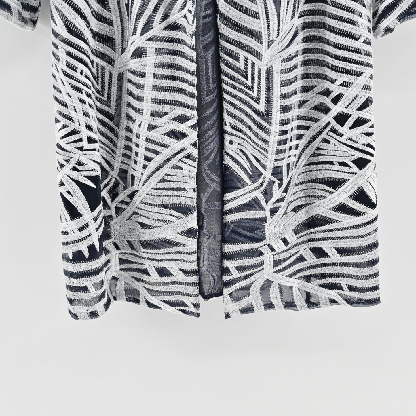 Chicos Womens Travelers Open Front Jacket Size S Navy Silver Embroidered Print