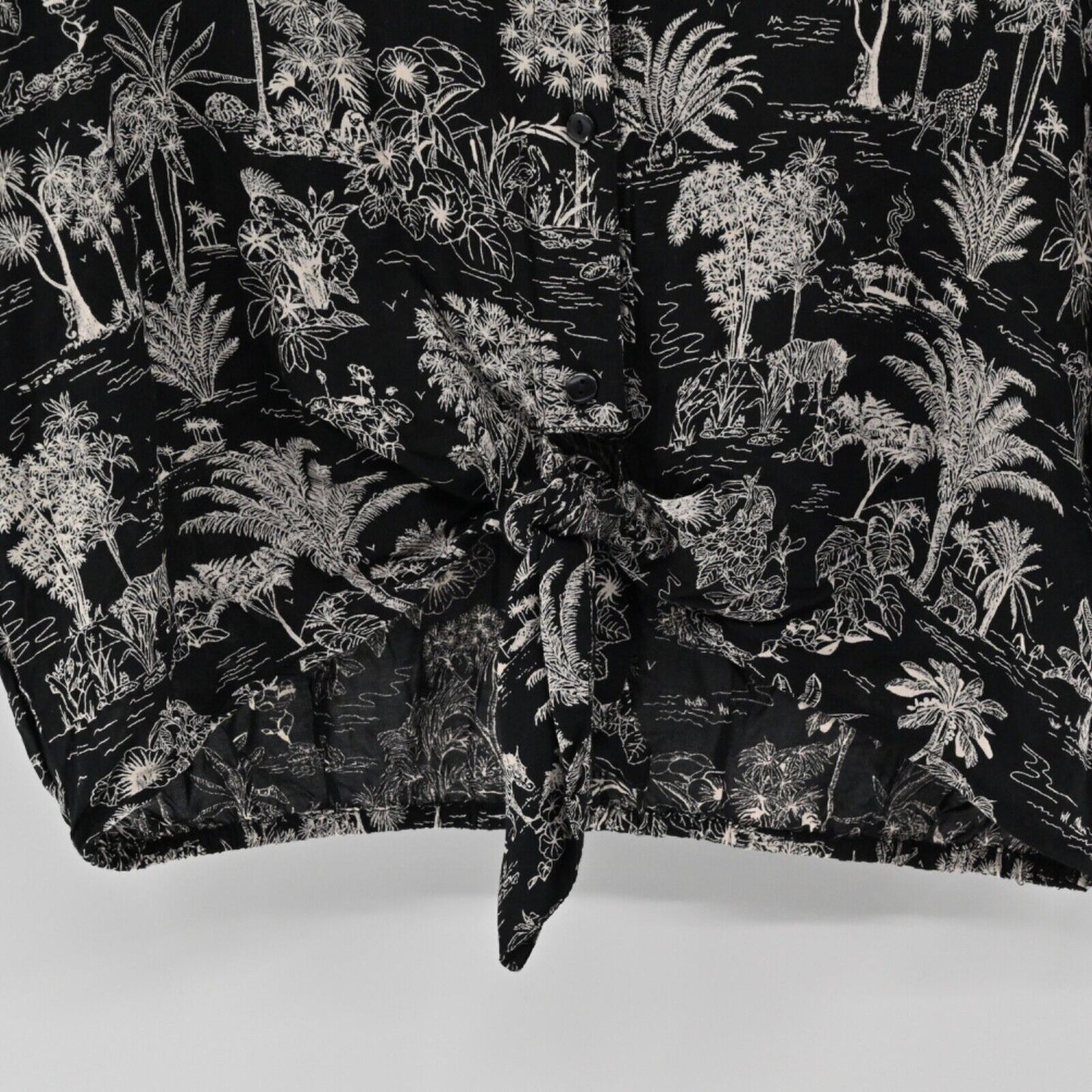 TOPSHOP Top Womens Size 10 Black White Tropical Savanna Print Tie Up Button Up