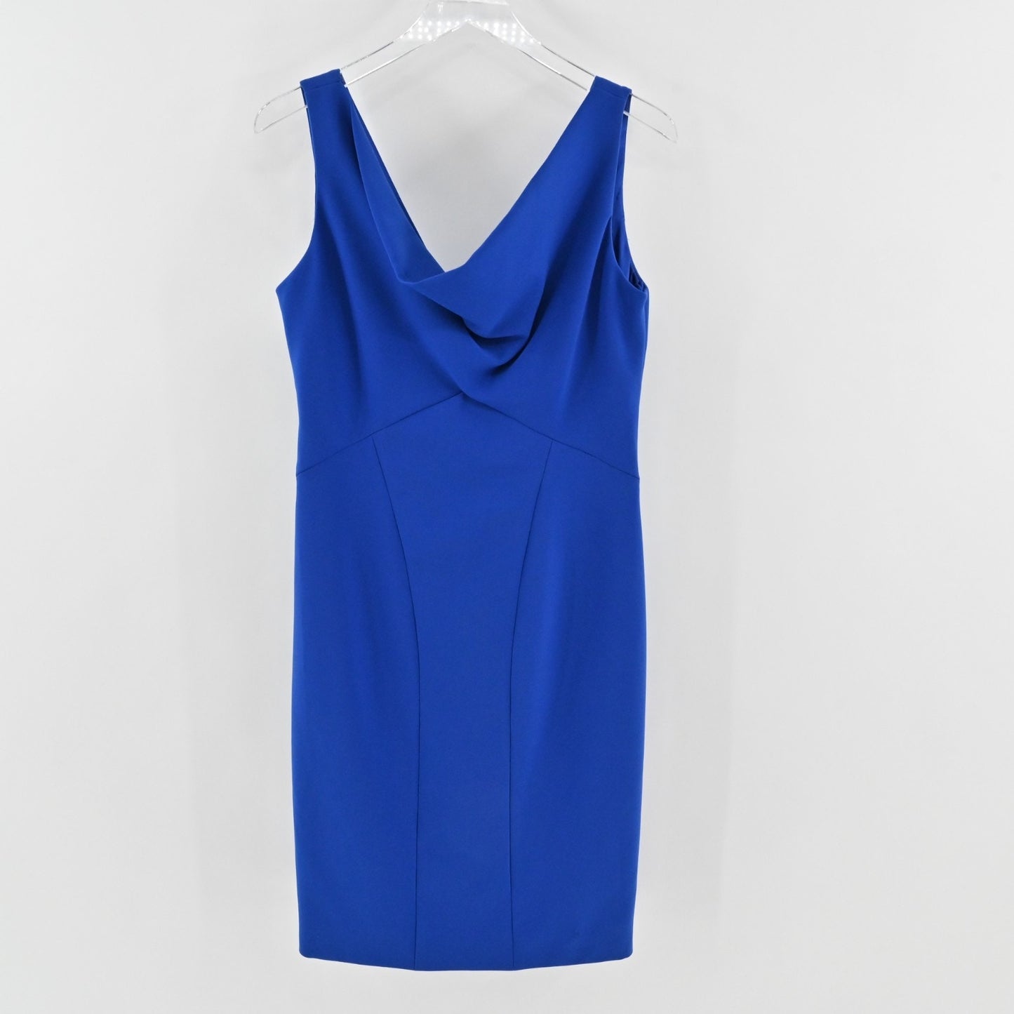 THEIA Blue Cowl Neck Sheath Dress Size 10 Sleeveless Stretch Classic Office