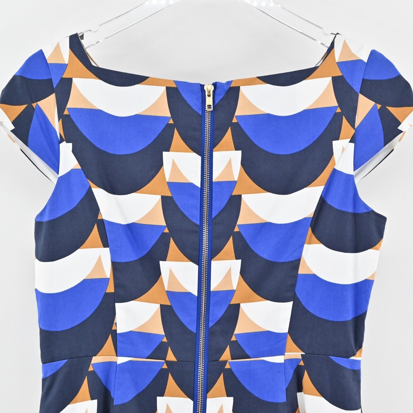 MILLY Mini Sheath Dress Size 10 Blue Geometric Print Cotton Boat Neck Retro USA