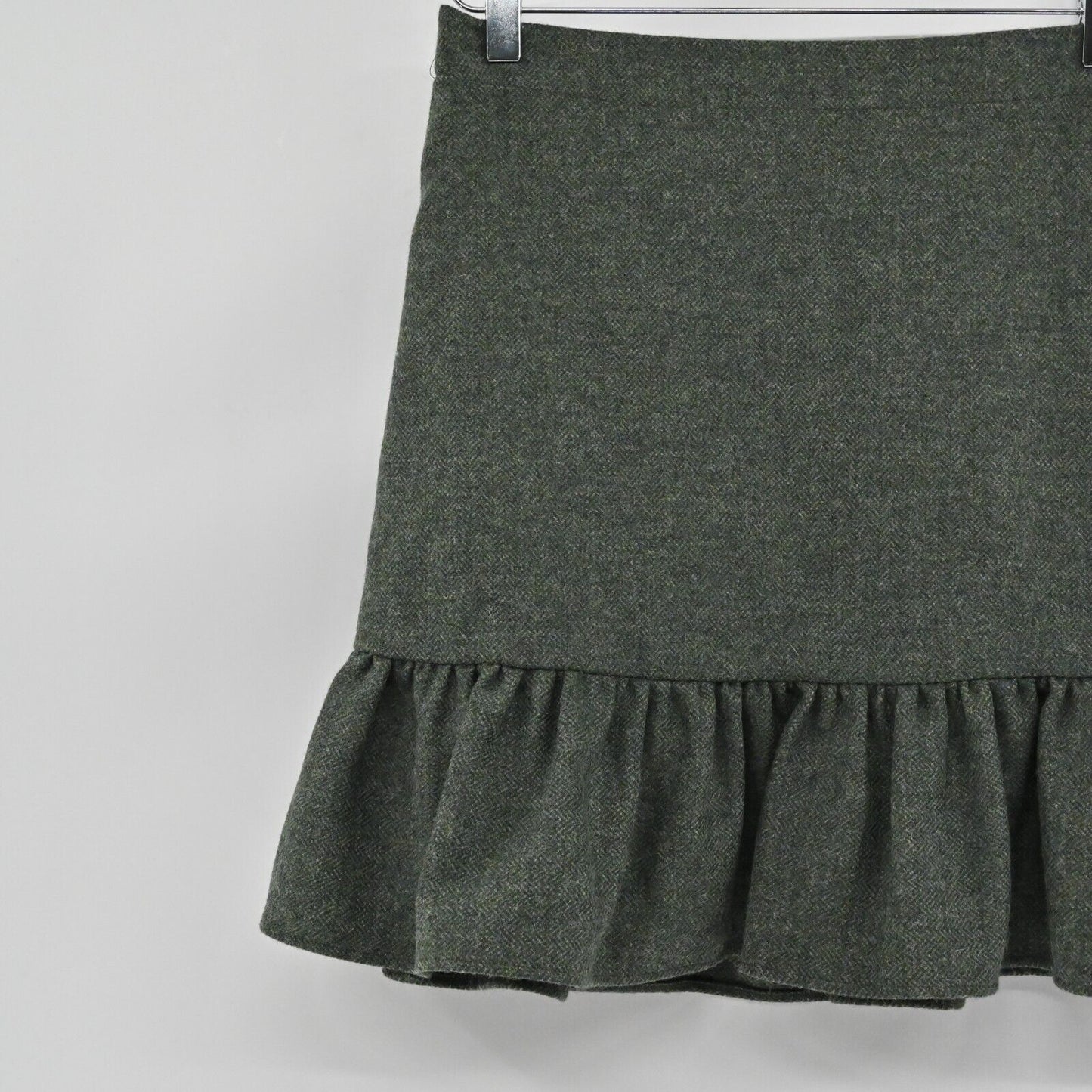 ANN MASHBURN Skirt Womens Size S Wool Ruffle Green Black Herringbone Mini