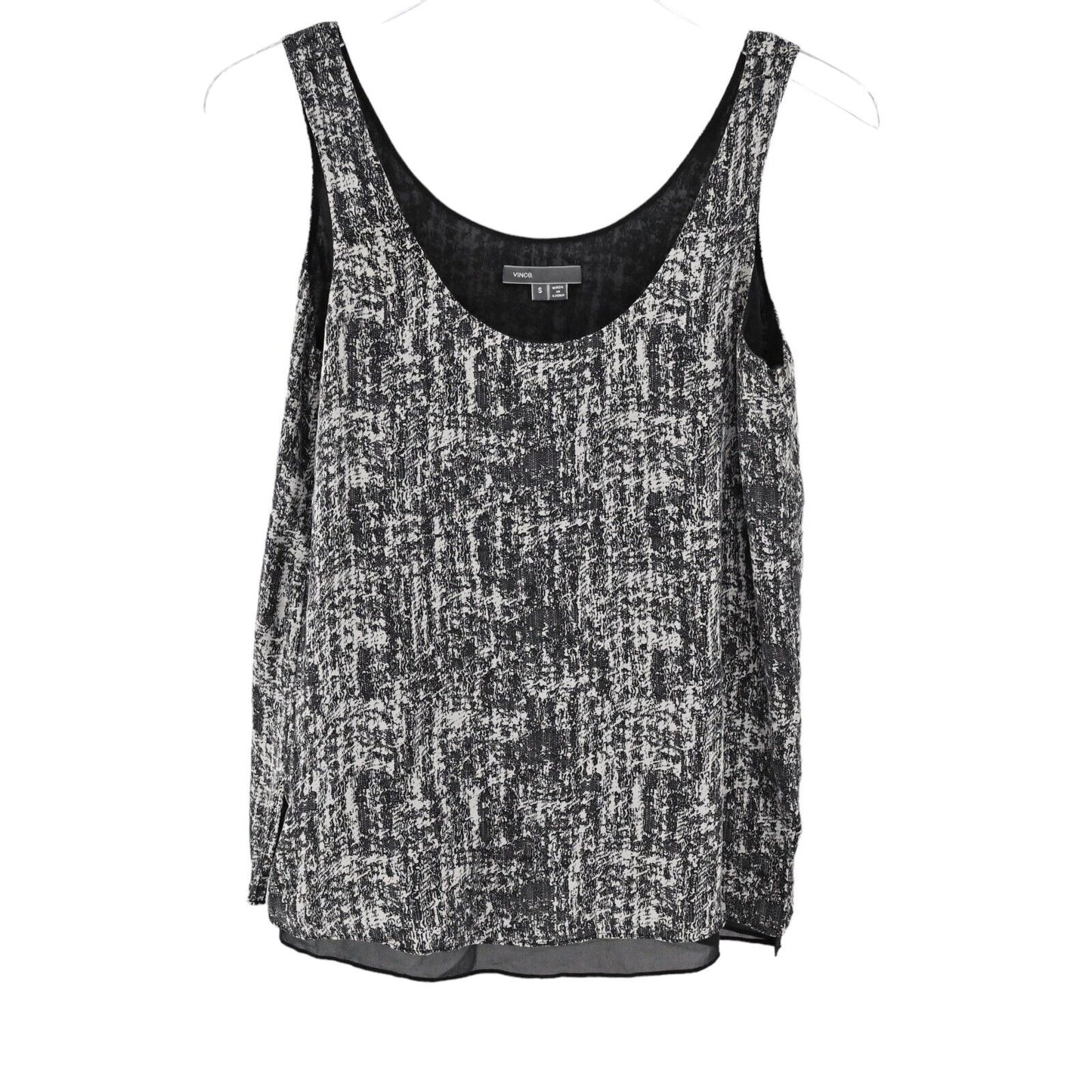 VINCE Top Women Sz S Black White Burnout Print 100% Silk Chiffon Tank Minimalist