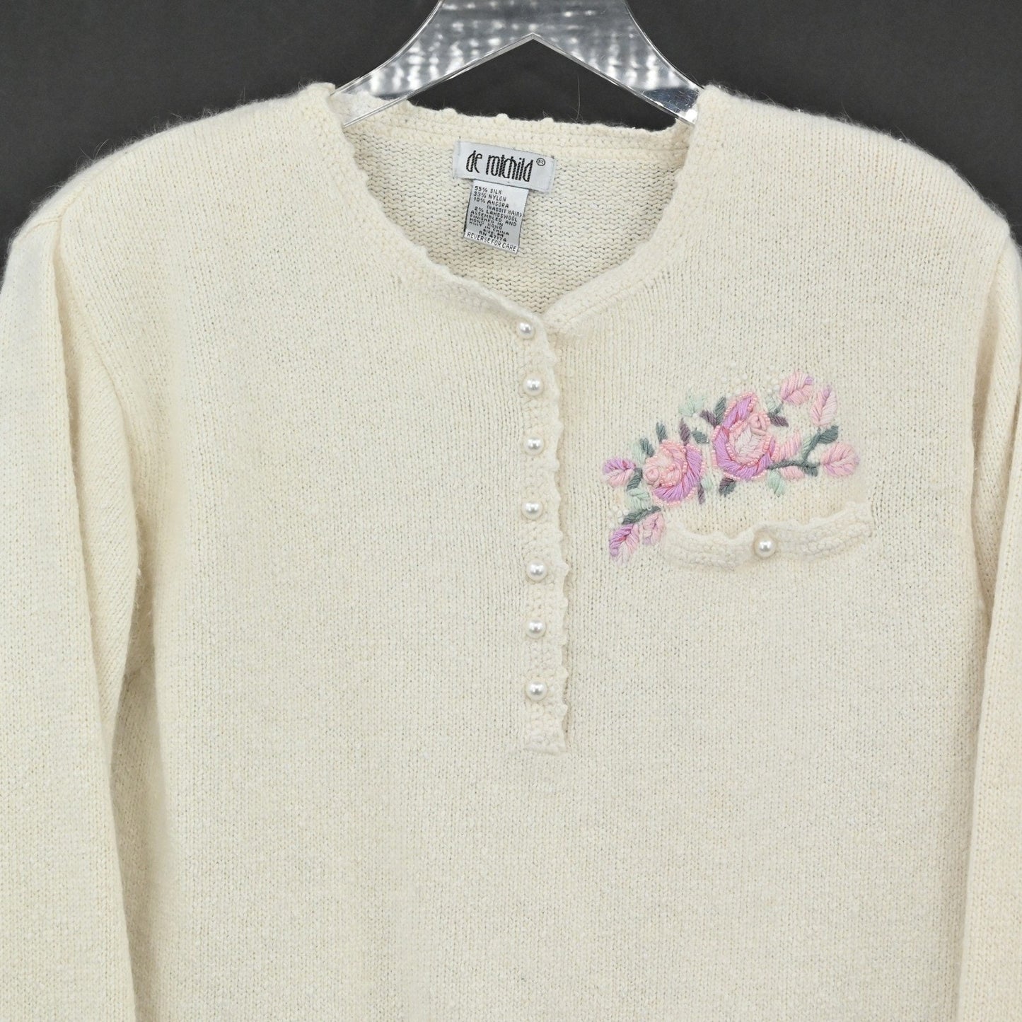 Vtg Granny Core Silk Angora Embroidered Sweater Size L Lambswool Floral Pearl