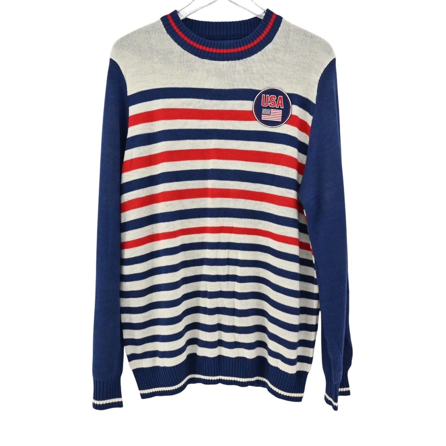 TIPSY ELVES Sweater Mens Sz L Striped USA Flag Crew Neck Retro Preppy Sportswear
