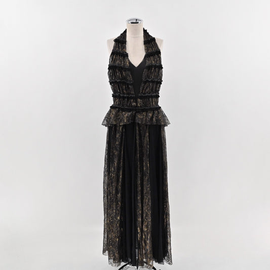 Carella Whimsigoth Gown Sz 8 Metallic Lace Grunge Halter Peplum Sleeveless Dress