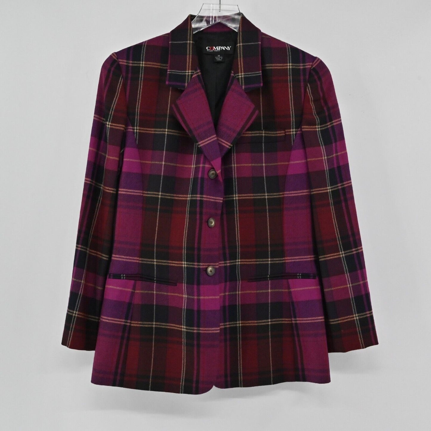 Vtg ELLEN TRACY Blazer Womens Size 10 Purple Plaid 100% Wool Single Breasted 90s