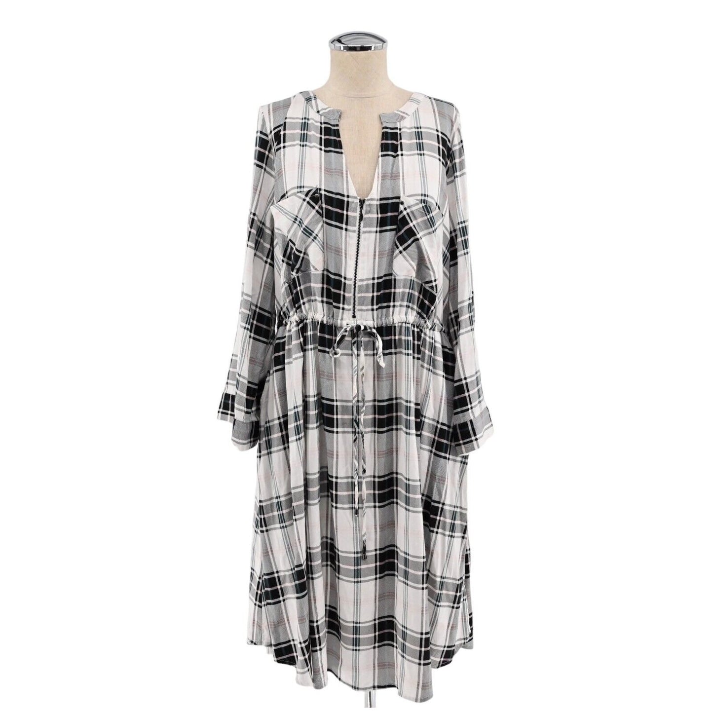 TORRID Dress Womens Size 2X White Plaid Shirt Challis Zip Front Drawstring Waist