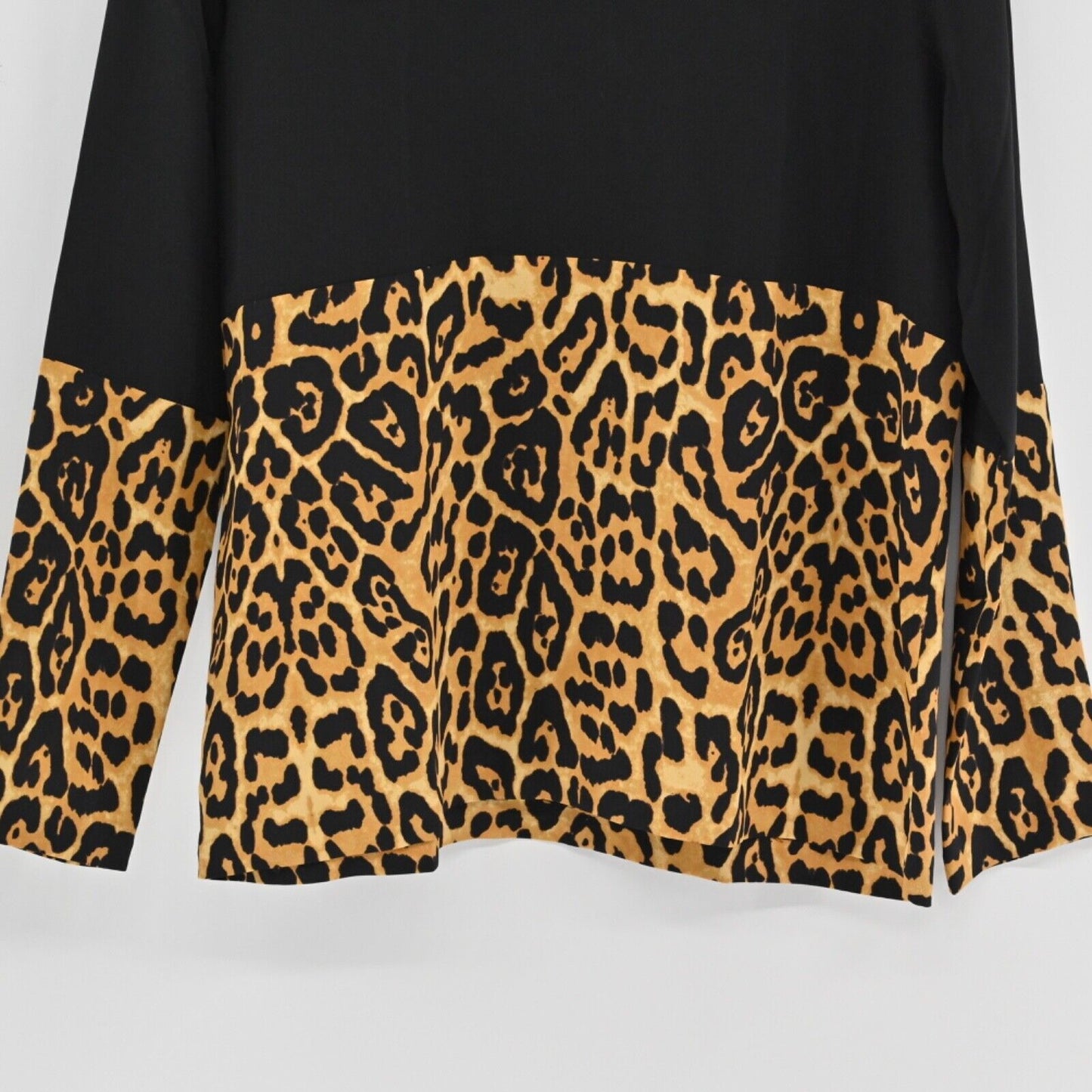 INTERMIX Top Womens Size S Colorblock Black Leopard Print 100% Silk Long Sleeves