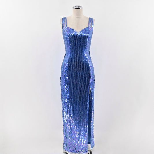 Vtg Y2k Cache Blue Sequin Maxi Dress Size 4 Mermaidcore Sleeveless Sweetheart