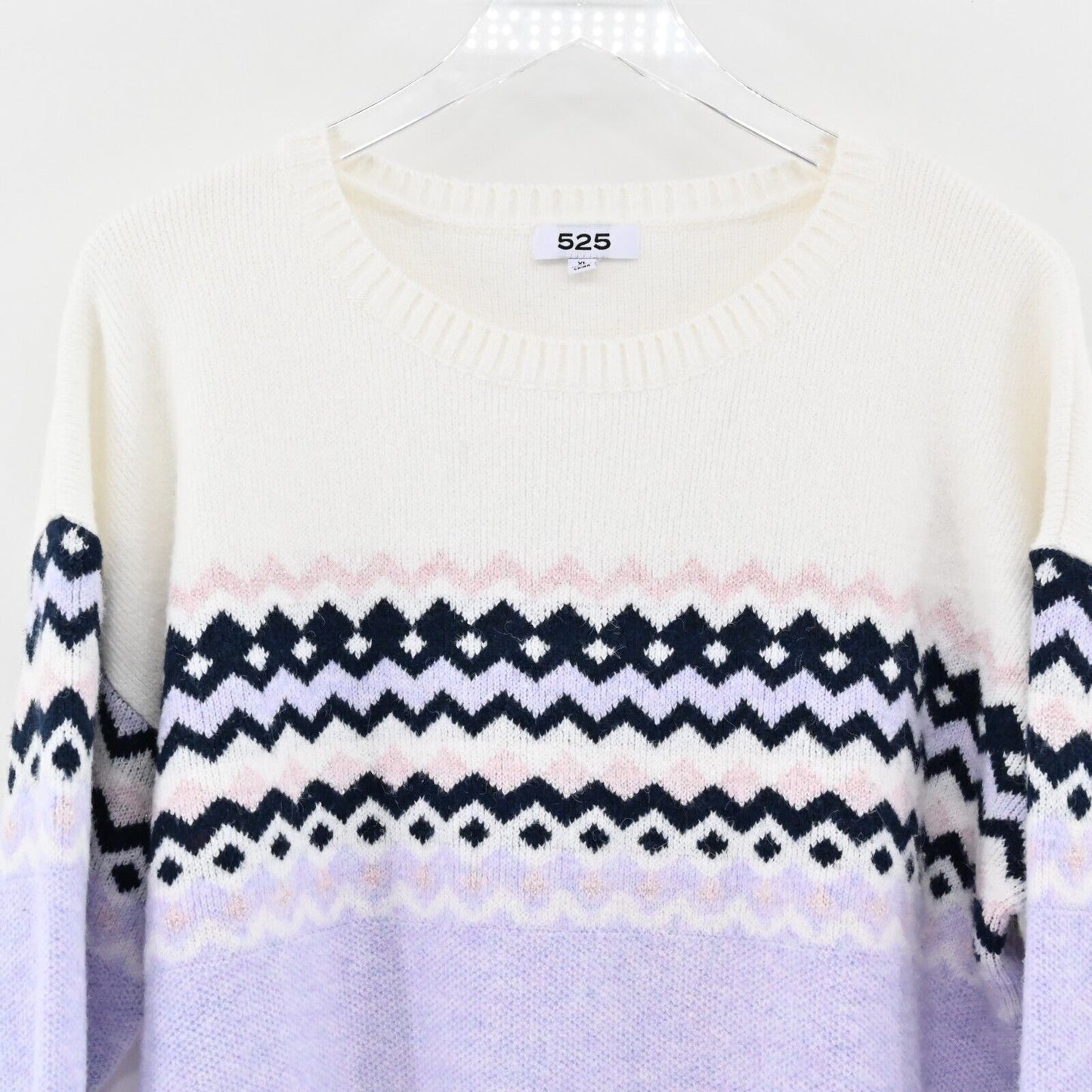 525 AMERICA Sweater Womens Size XL Lurex Fair Isle Soft Knit Lavender Ski Lodge