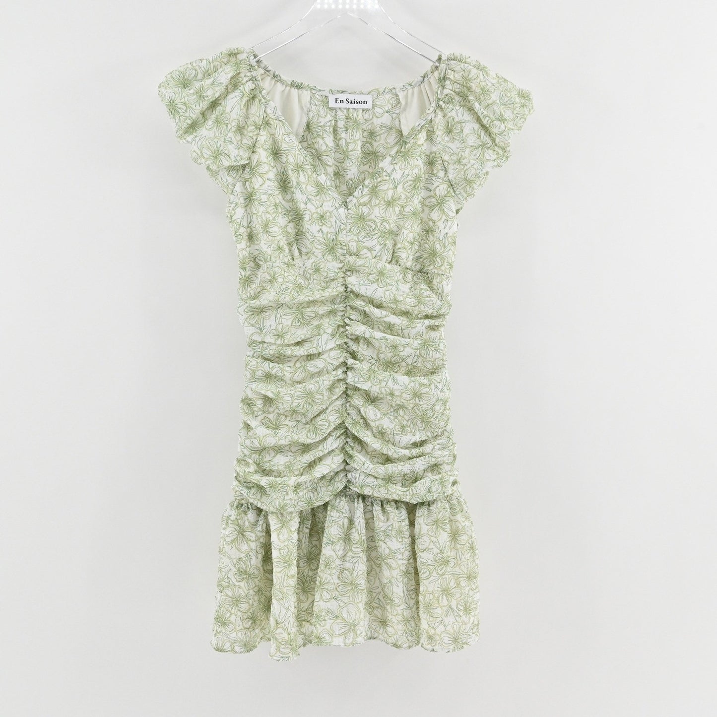 En Saison Monique Ruched Floral Mini Dress Size S Romantic Green Puff Sleeve