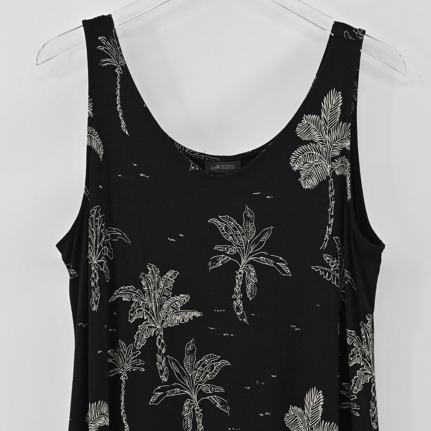J JILL Dress Sz M Sleeveless Jersey Tropical Palm Black Wearever Collection NEW