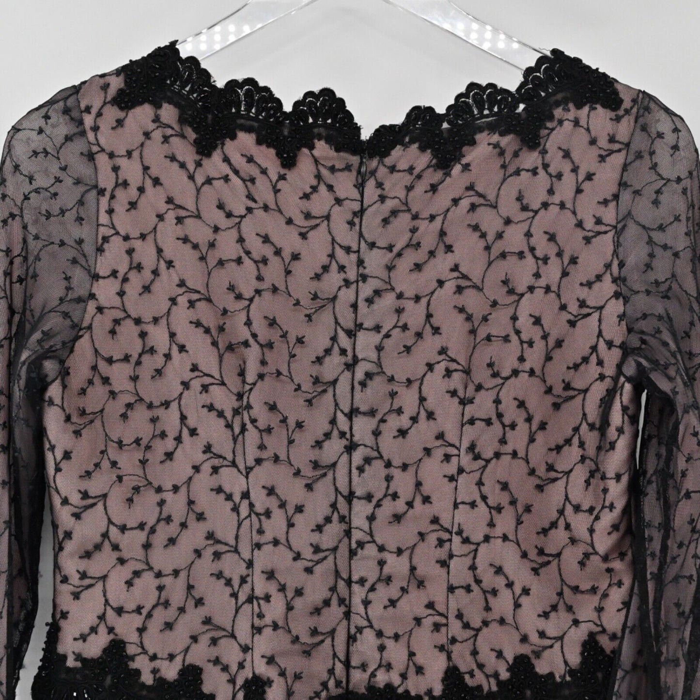 Vtg Dress Womens Size L Black Pink Sheer Floral Embroidered Beaded Lace Trim 80s