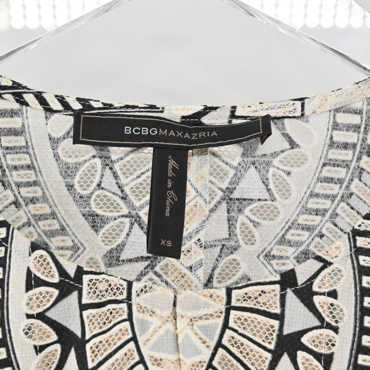 BCBGMaxAzria Womens Kyndal Top Size XS Black Beige Print Long Sleeve Blouse