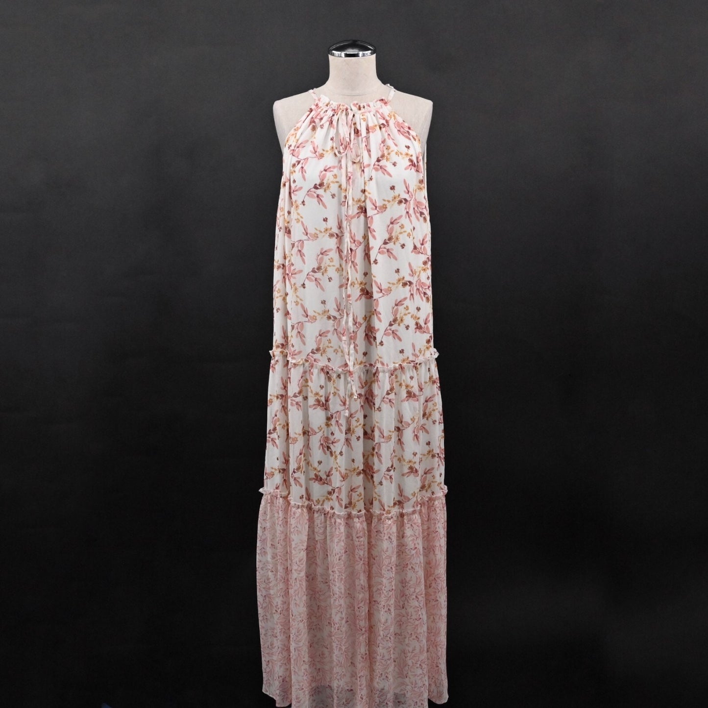 DREW Naomi Maxi Dress Size L Chiffon Halter Floral Print Tiered Sleeveless Boho