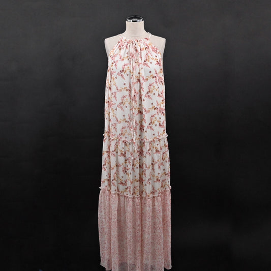 DREW Naomi Maxi Dress Size L Chiffon Halter Floral Print Tiered Sleeveless Boho