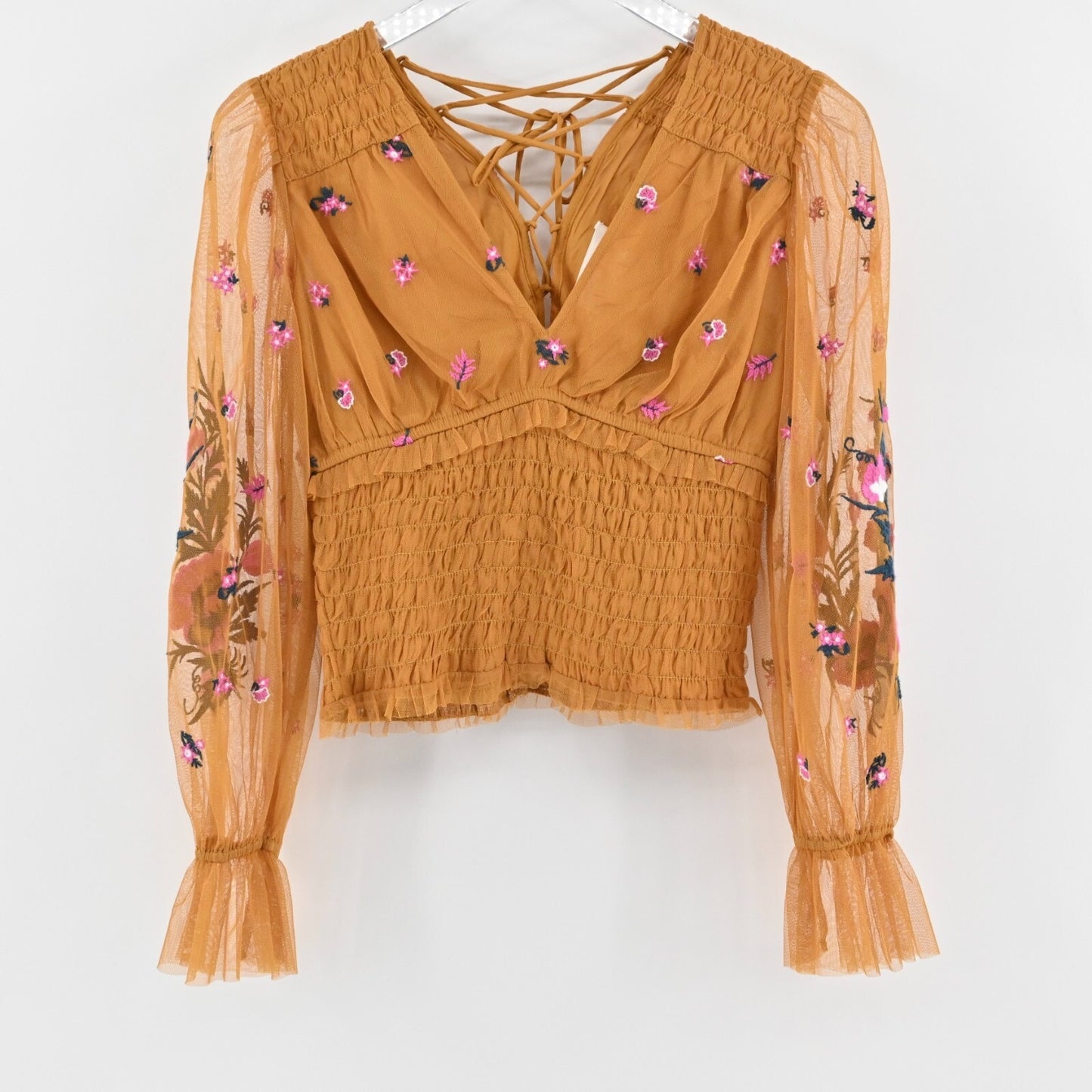 ANTHROPOLOGIE Floral Embroidered Top Womens Size XS Smocked Tulle Brown Blouse