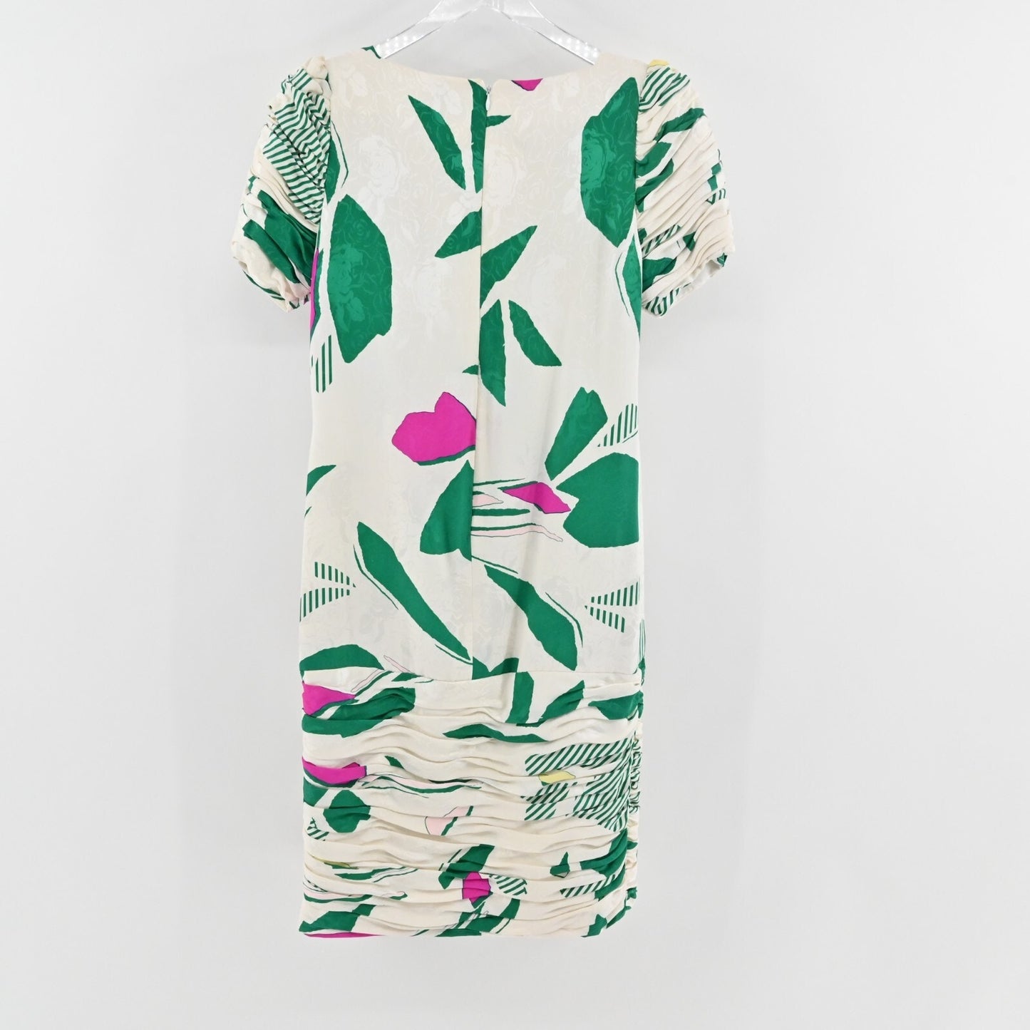 Vtg Cocktail Dress Sz L White Floral Silk Puff Sleeve Ruched Square JAYNA 80s