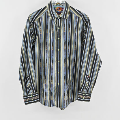 Robert Graham Mens Embroidered Stripe Collared Shirt Size L Blue Office Workwear