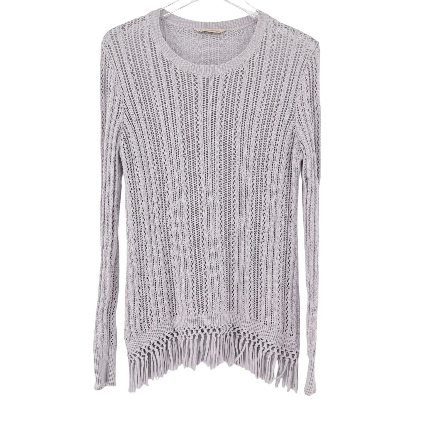 SOFT SURROUNDINGS Sweater Womens Size L Purple 100% Cotton Open Knit Fringe Boho