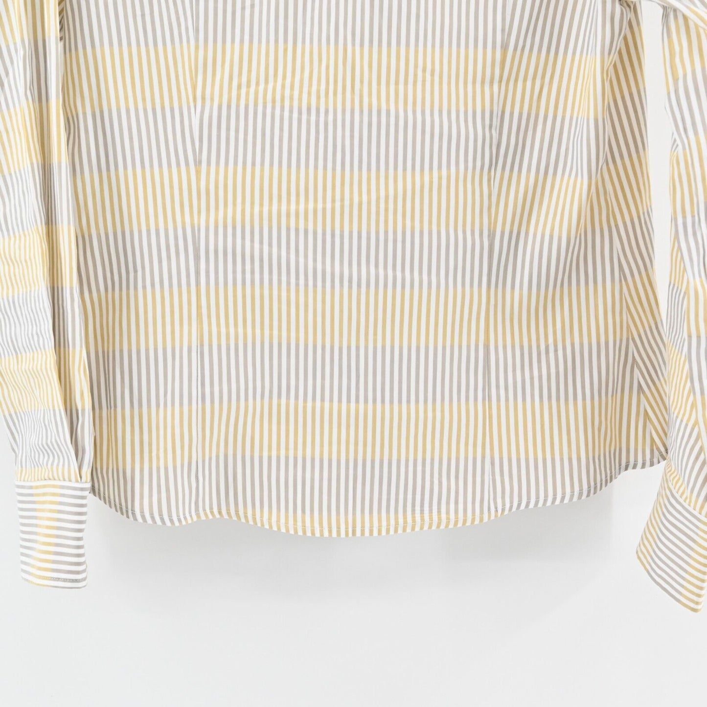 RANI ARABELLA Top Womens Sz L Yellow Tan Stripe Button Italy Cotton Quiet Luxury