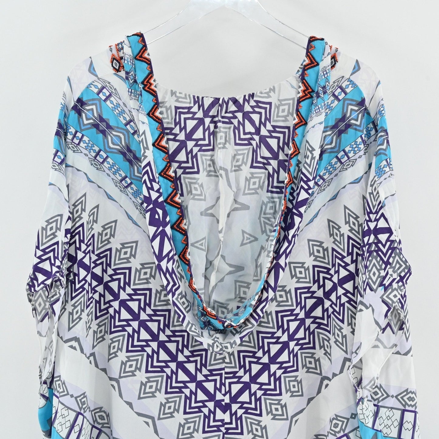 Rococo Sand Silk Kimono Maxi Dress Size M Beaded Hooded Blue Tribal Resortwear