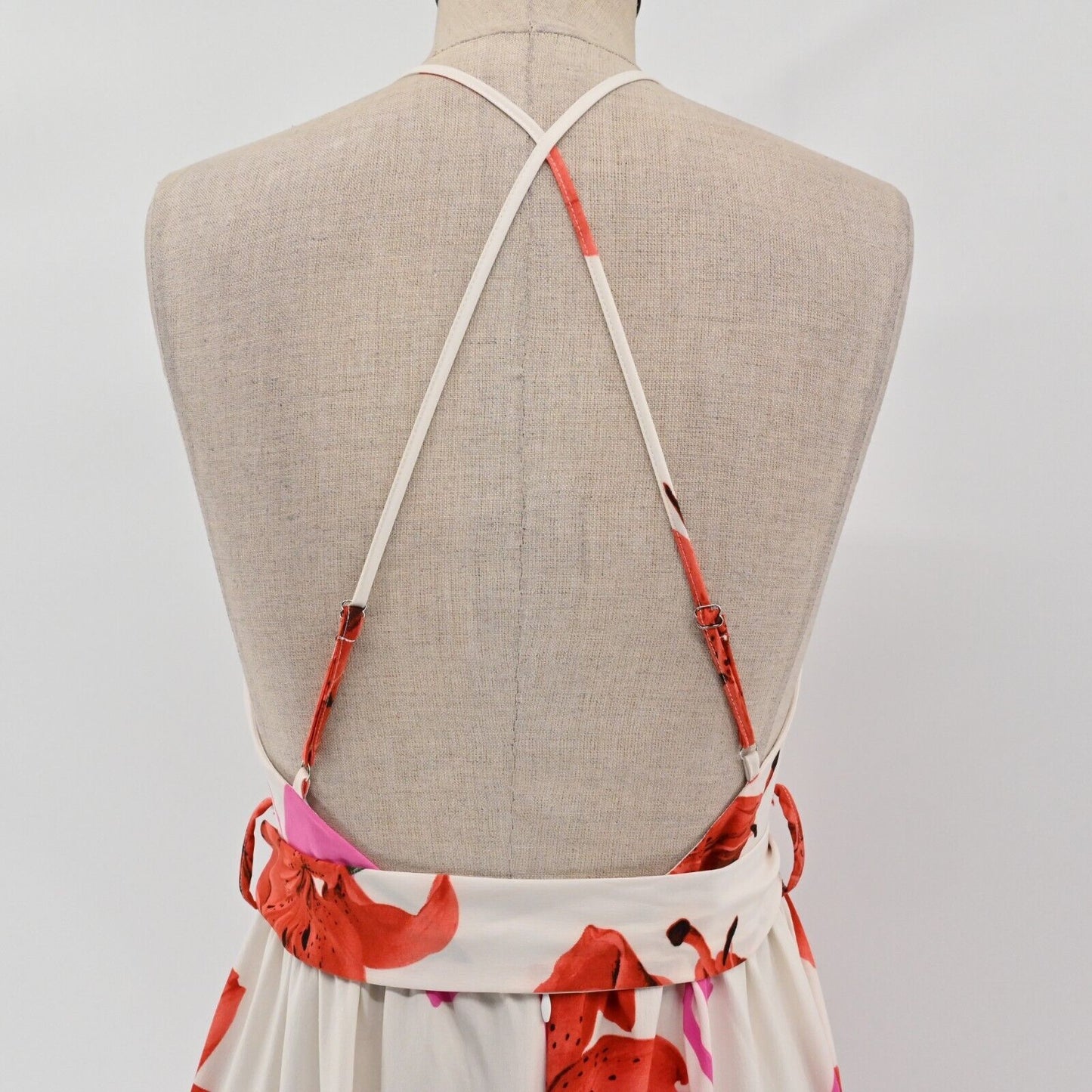 THE SANG Dress Sz S Sleeveless Maxi Red Pink White Floral Tiered Tie Waist Beach