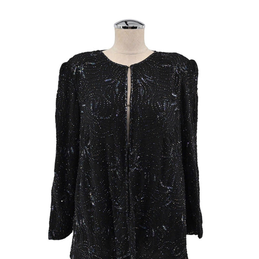 Vintage Beaded Jacket Womens Size 1X Black Silk Long Sleeve Iridescent Sequin