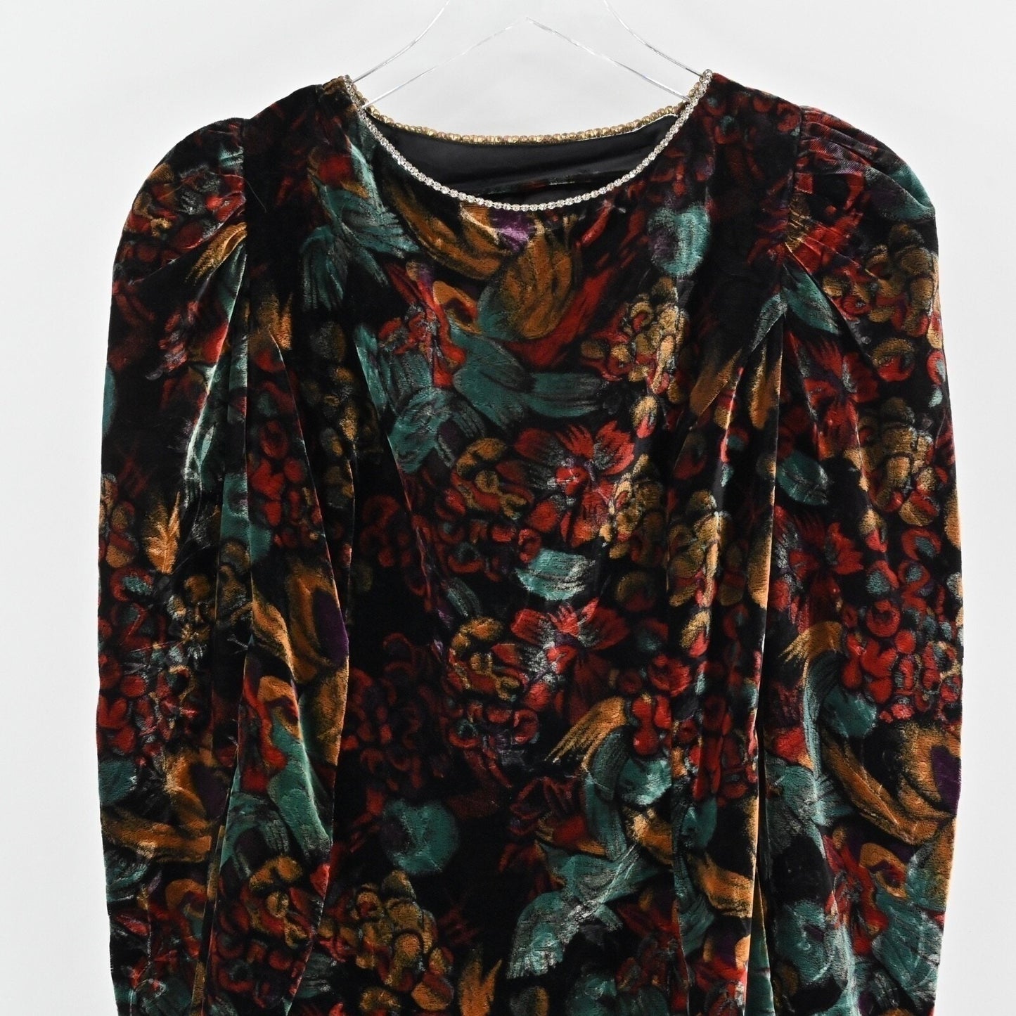 Vtg 80s Floral Velvet Dress Size S Whimsigoth Dark Romantic Puff Goth Open Back